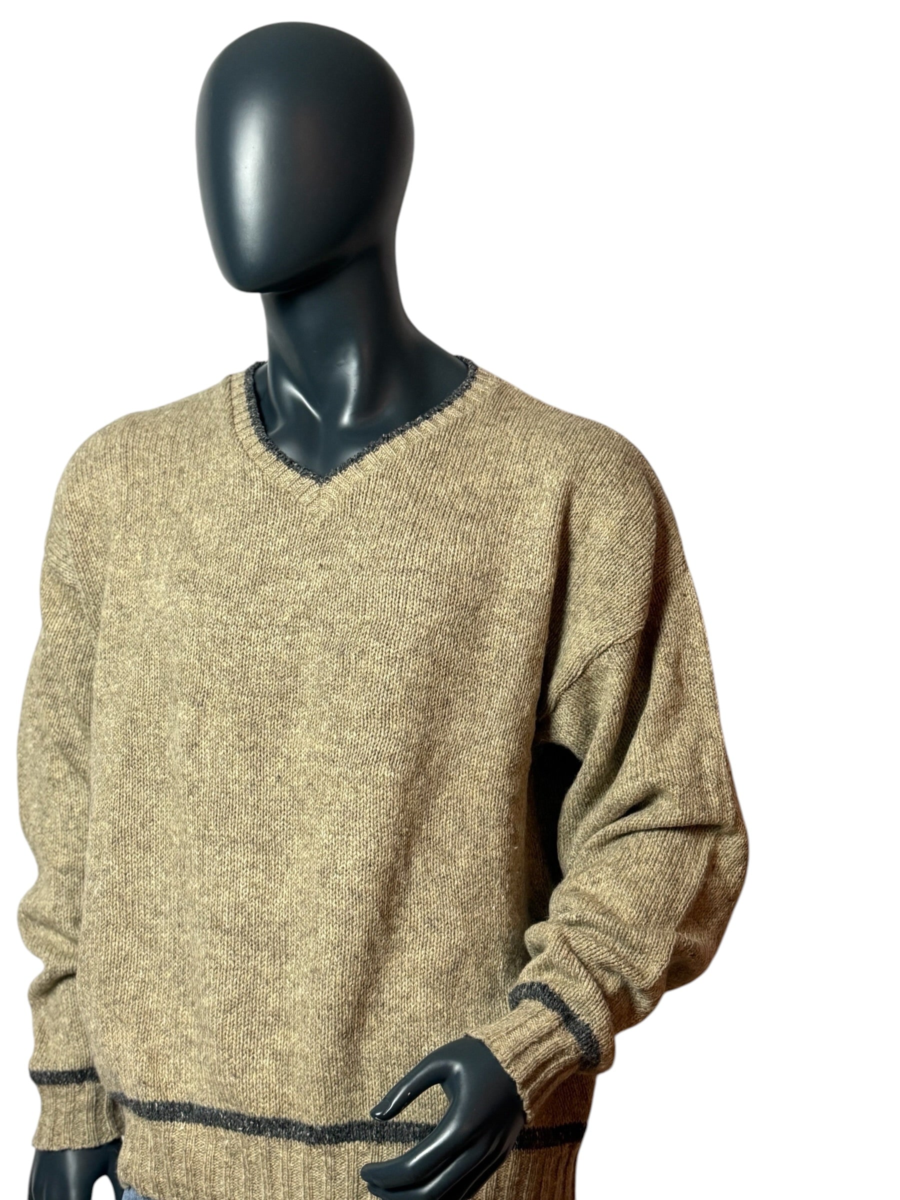 Vintage Strickpullover Beige, V-Neck, Retro Knit Sweater 90s Classic